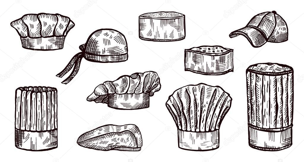 Set chef hat sketch isolated. Kitchen traditional beret, bandana, baseball for cook in hand drawn style. Engraved design for poster, print, book illustration, logo, icon. Vintage vector illustration.