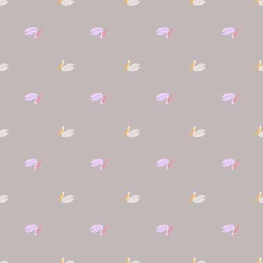 Pelikan pürüzsüz bir şekilde oturuyor. Deniz kuşlarının arka planı. Kumaş, ambalaj kağıdı, duvar kâğıdı ve mendil için karalama stilinde tekrarlanan doku. Vektör illüstrasyonu.