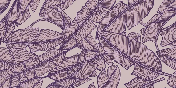 バナナの葉のシームレスなパターン レトロな熱帯の彫刻スタイルで紫色の葉 包装紙のためのエキゾチックなテクスチャを描いた手 ベクターイラスト ストックイラスト