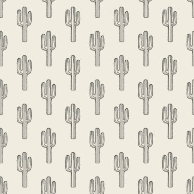 Elle çizilmiş kaktüs dikişsiz desen. Eski usul oymacılık. Vektör illüstrasyonu.
