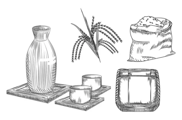 Набор Саке Традиционный Японский Рисовый Алкоголь Коллекция Керамической Вазы Чашки — стоковый вектор
