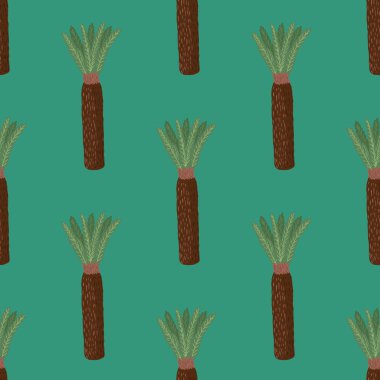 Dikensiz palmiye ağacı deseni. Tropikal bitkilerin arka planı. Kumaş, ambalaj kağıdı, duvar kâğıdı ve mendil için karalama stilinde tekrarlanan doku. Vektör illüstrasyonu.