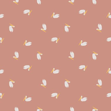 Pelikan pürüzsüz bir şekilde oturuyor. Deniz kuşlarının arka planı. Kumaş, ambalaj kağıdı, duvar kâğıdı ve mendil için karalama stilinde tekrarlanan doku. Vektör illüstrasyonu.