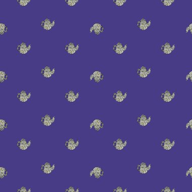 Antika çaydanlıklar pürüzsüz kalıplar. Çay saatinin arka planı el çizimi tarzında. Kumaş, ambalaj kağıdı, duvar kâğıdı ve mendil için karalama stilinde tekrarlanan doku. Vektör illüstrasyonu.