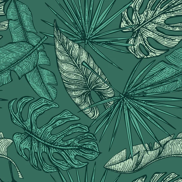 Tropische Blätter Nahtloses Muster Auf Grünem Hintergrund Vintage Laub Exotisch — Stockvektor