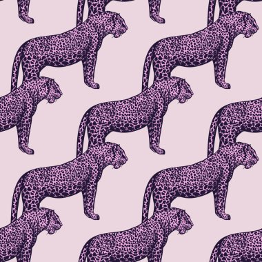 Leopar desensiz. Antika vahşi hayvan geçmişi. Kumaş, ambalaj kağıdı, duvar kâğıdı, mendil için el yapımı tekrarlanan doku. Vektör illüstrasyonu.