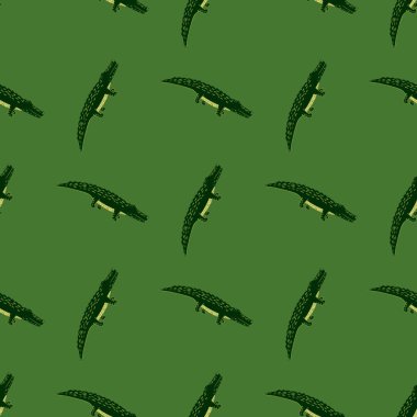 Şirin timsahlar, kusursuz desenler. Komik hayvanlar. Kumaş, ambalaj kağıdı, duvar kâğıdı ve mendil için karalama stilinde tekrarlanan doku. Vektör illüstrasyonu.