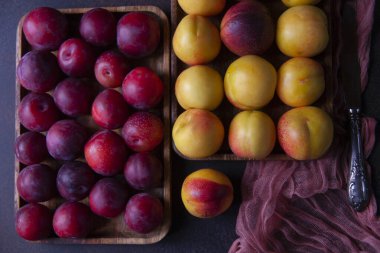 Sarı nektarinler ve mor mutfak beziyle ahşap tahtalarda kırmızı erikler.