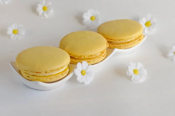 Macarons Jaunes Sur Une Longue Assiette Blanche Avec Des Fleurs — Photo