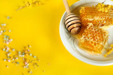 Bir tabakta bal peteği, sarı arka plan, üst manzara. Seçici odak kopyalama alanı
