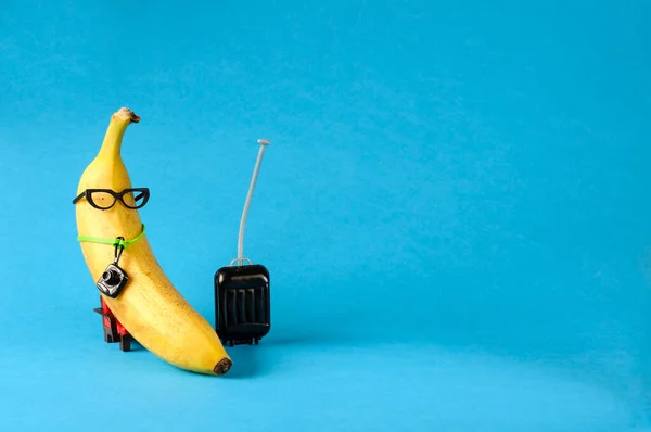 Humor with a banana in glasses sitting on a chair with a travel suitcase. Creative vacation concept. Selective focus with copy space