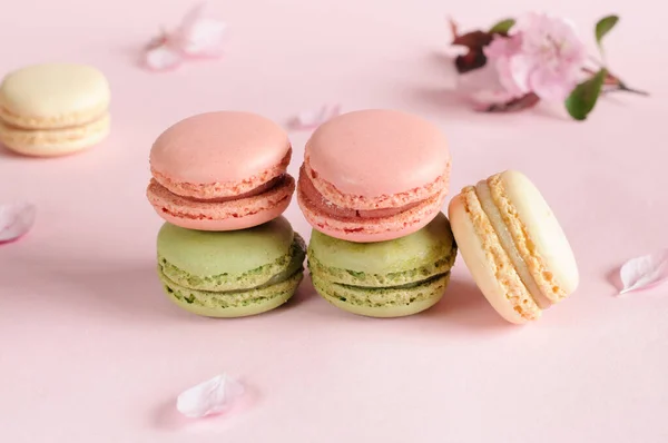 Macarons Français Multicolores Sur Fond Rose Avec Des Fleurs Printanières — Photo