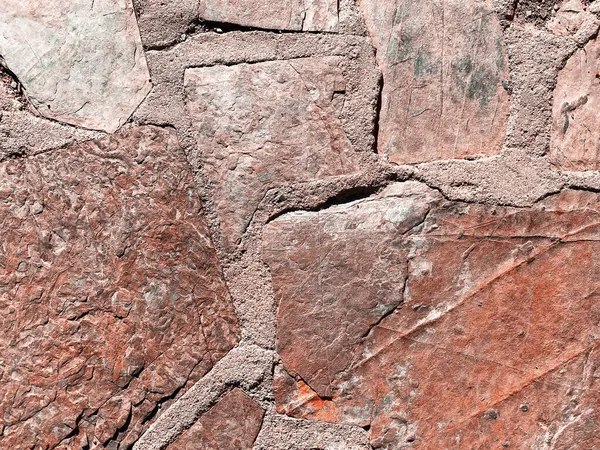Ein Natürlicher Roter Felsen Stein Burg Garten Mauer Mörtel Geschnittene — Stockfoto