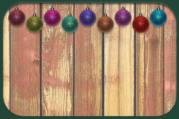 Ein Holzrahmen Hintergrund Weihnachten Urlaub Schmuck Glitzernde Kugeln Einladung Karte — Stockfoto