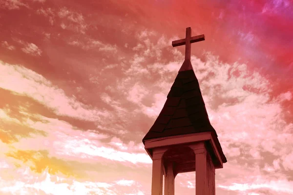 Sunset Church Cross Steeple Tower Dusk Worship House Christian Heaven — Stock Photo, Image