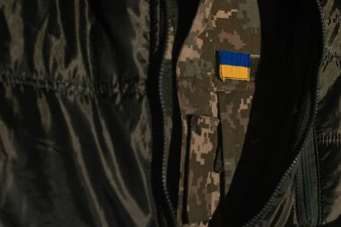 Ukrayna bayrağı ve Ukrayna askerinin askeri üniforması