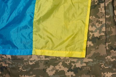Ukrayna bayrağı ve Ukrayna askerinin askeri üniforması