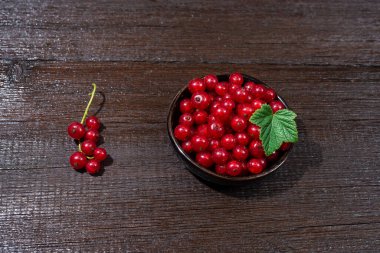 Ahşap arka planda siyah bir kasede yaprakları olan kırmızı frenk üzümü. Olgun yaz meyveleri hasat et. Yakın çekim..