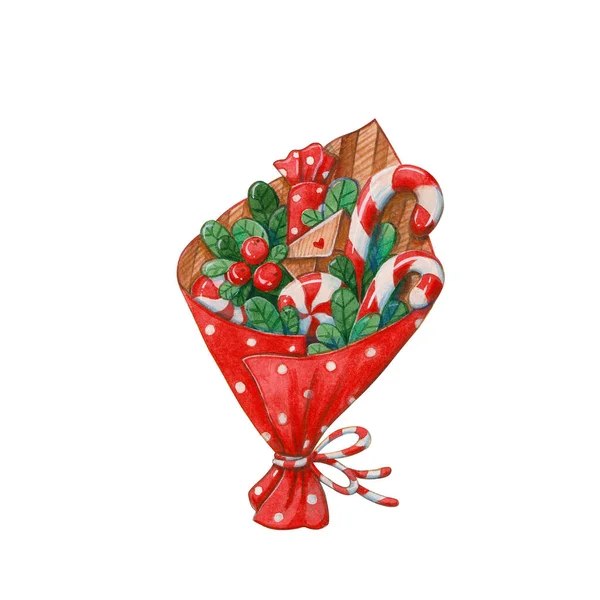 Handgezeichnete Aquarell Illustration Weihnachtsstrauß Mit Bonbons Und Preiselbeeren Festlichem Roten — Stockfoto