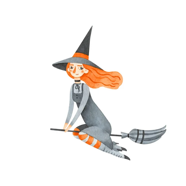 Hand Drawn Watercolor Illustration Nice Red Witch Flying Broom Isolated — Stockfoto
