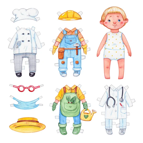 Hand Drawn Paper Doll Play Kit Set Professional Clothing Isolated — Stock Photo, Image