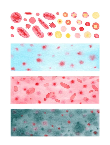watercolor set of virus backgrounds and monkeypox virions isolated on white. Medicine, pandemic end virology