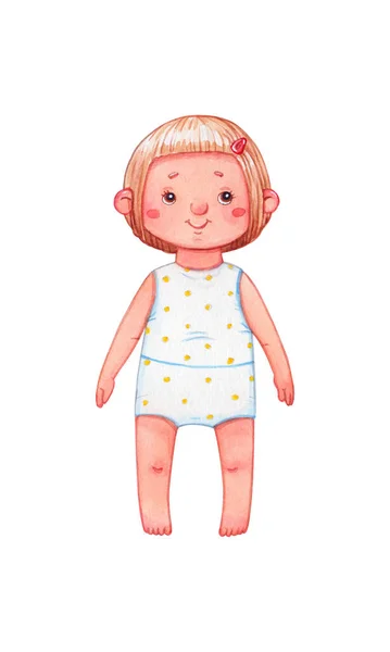 Little Girl Paper Doll Underwear Isolated White Background Watercolor Illustration Stok Resim