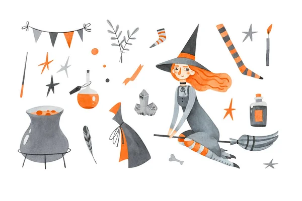 Halloween Design Elements Collection Set Witch Magical Stuff Isolated White — Zdjęcie stockowe