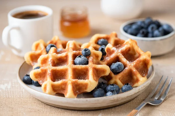 Waffles Powdered Sugar Blueberries Wooden Table Closeup View — Stock Photo, Image