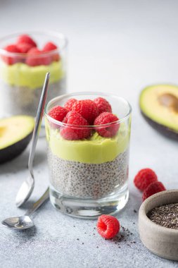 Avokado mus ve ahududulu sağlıklı chia pudingi.