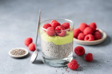 Avokado ve ahududulu Chia tohumu pudingi.