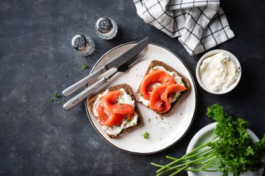 Krem peynirli çavdar ekmeği tostu ve beyaz tabakta tütsülenmiş somon, üst manzara. Sağlıklı öğle yemeği ya da kahvaltı