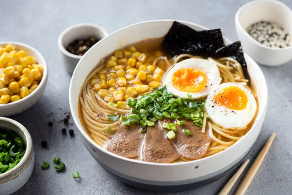 Japanese Noodle Bowl Ramen Meat Egg Closeup View — Stok Foto