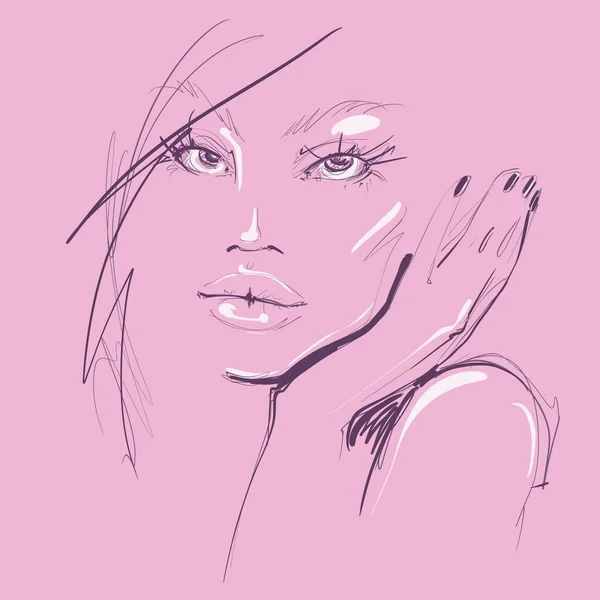 Stylová ilustrace na růžovém pozadí náčrt obličeje krásné mladé dívky — Stock fotografie