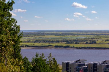 İrtiş Nehri 'nin kıyısına kadar manzarası var. Khanty-Mansiysk bölgesindeki Sibirya Irmağı 'nın karşı kıyısına yüksek bir tepeden bak.