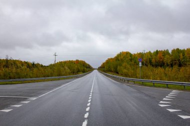 Rusya 'nın Khanty-Mansiysk Özerk Okrug ve Sverdlovsk Bölgesi sınırında sonbahar pisti. Khanty-Mansi Özerk Okrug ile Sverdlovsk Bölgesi arasında sonbaharda güzel bir yol..