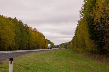Sonbahar otoyolu boyunca kargo taşıyan kamyonlar. Rusya 'daki Tyumen-Khanty-Mansiysk otoyolunda trafik vardı. Sonbahar yolu.