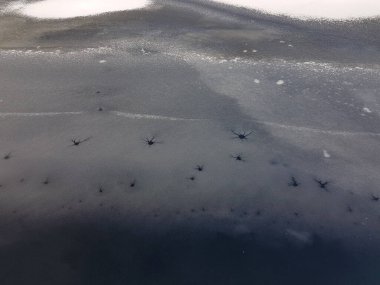 Donmuş bir göl yüzeyindeki çatlaklar yukarıdan çekilmiş..