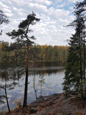 Sudan yansıyan bulutlarla küçük bir tepeden göle bak..