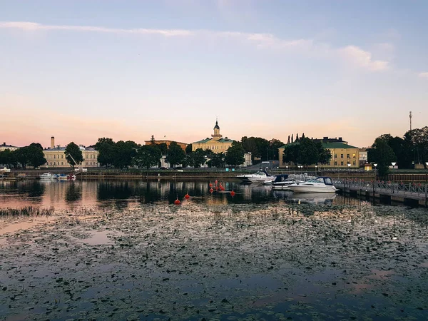 Summer Night Pori Finland Boats Water Plants River City Buildings — 图库照片