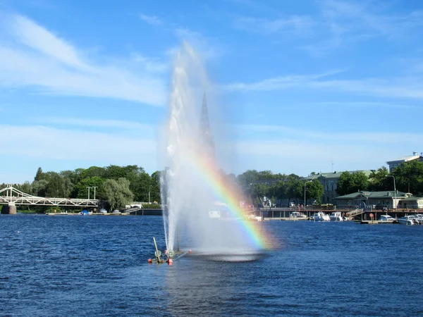 Fountain River Creating Rainbow Front Church Pori Finland — 图库照片