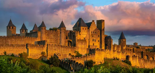 Erődítmények Carcassonne Fényében Lenyugvó Nap — Stock Fotó