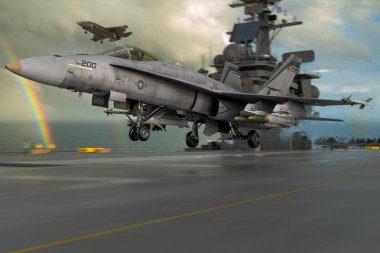 Navy F-18 Fighters bir uçak gemisi üzerinde uçuş güvertesinde oturup