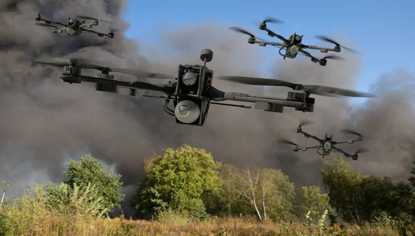 Harci Drónok Nyüzsgése Katonai Gyakorlatok Során — Stock Fotó