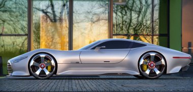 Mercedes-Benz AMG Vision Gran Turismo Modern bir binanın önünde