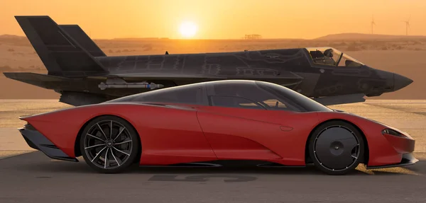 Mclaren Speedtail Hybrid Hyper Στο Φόντο Ενός Σύγχρονου Μαχητικού Αεροσκάφους — Φωτογραφία Αρχείου