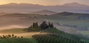 Fairytale, misty morning in the most picturesque part of Tuscany, val de orcia valleys