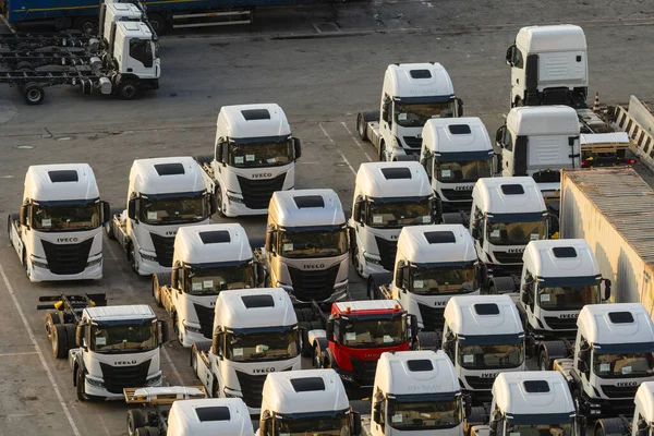 Ciężarówki Iveco Porcie Morskim Gotowe Transportu — Zdjęcie stockowe