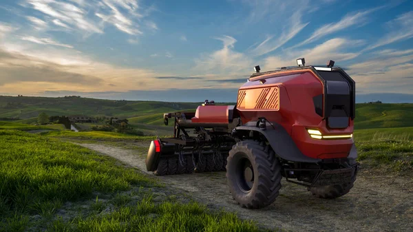 Autonomous Farm Tractor Dirt Road — Stock Photo, Image