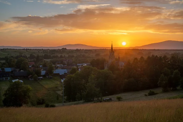Beautiful Sunset Mountain Village Poland — 图库照片